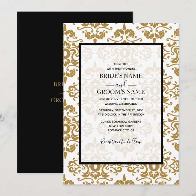 Elégant Black Gold Vintage Wedding Invitations (Devant / Derrière)