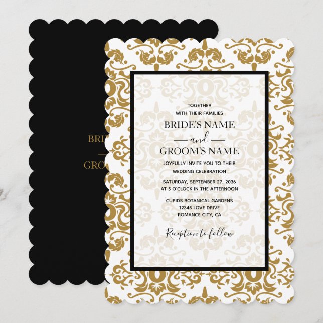 Elégant Black Gold Vintage Wedding Invitations (Devant / Derrière)