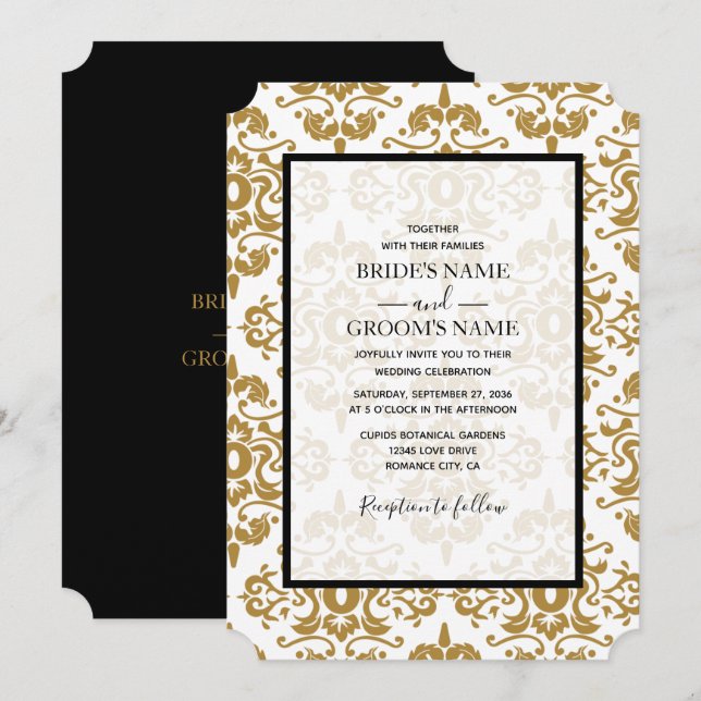Elégant Black Gold Vintage Wedding Invitations (Devant / Derrière)