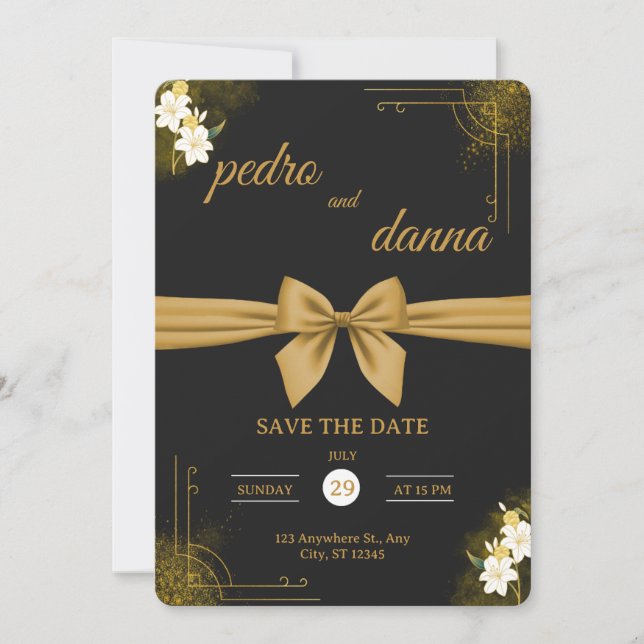 Elegant Black & Gold Wedding Invitation Einladung (Vorderseite)