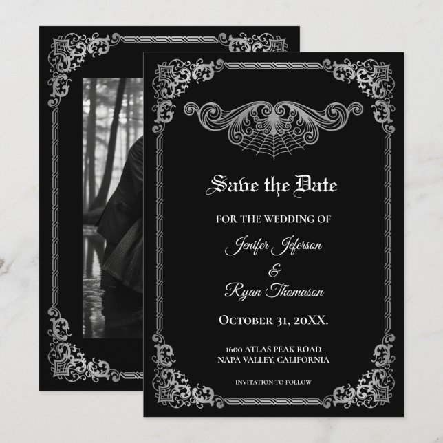 Elegant black Gothic wedding save the date Ankündigung (Vorne/Hinten)