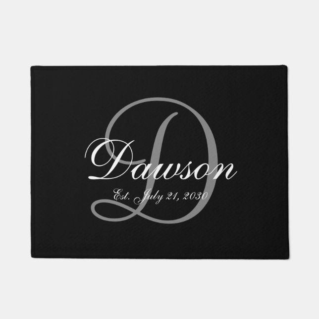 Elegant Black Gray Monogram Name Newlyweds Wedding Fußmatte (Vorderseite)