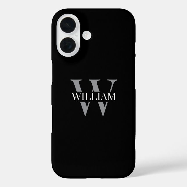 Elegant black &gray white Personalized monogram iPhone 16 Hülle (Rückseite)