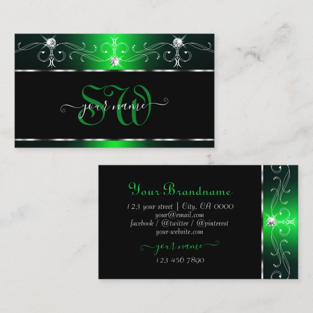 Elegant Black Green Verziert Sparkle Jewels Monogr Visitenkarte (Vorne/Hinten)