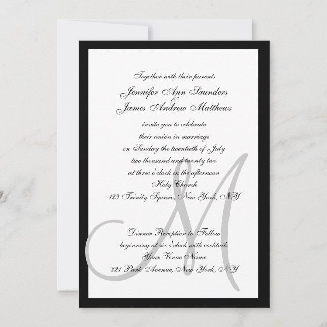 Elégant Black Grey Invitations de mariage initial (Dos)