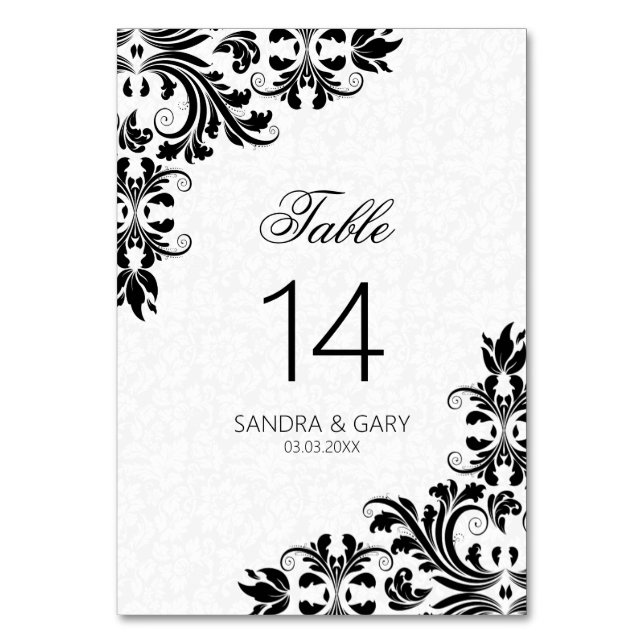 Elegant Black Lace White Damasks Tischnummer (Vorderseite)
