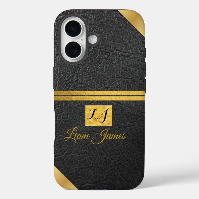 Elegant black leather gold monogram custom name iPhone 16 hülle (Rückseite)