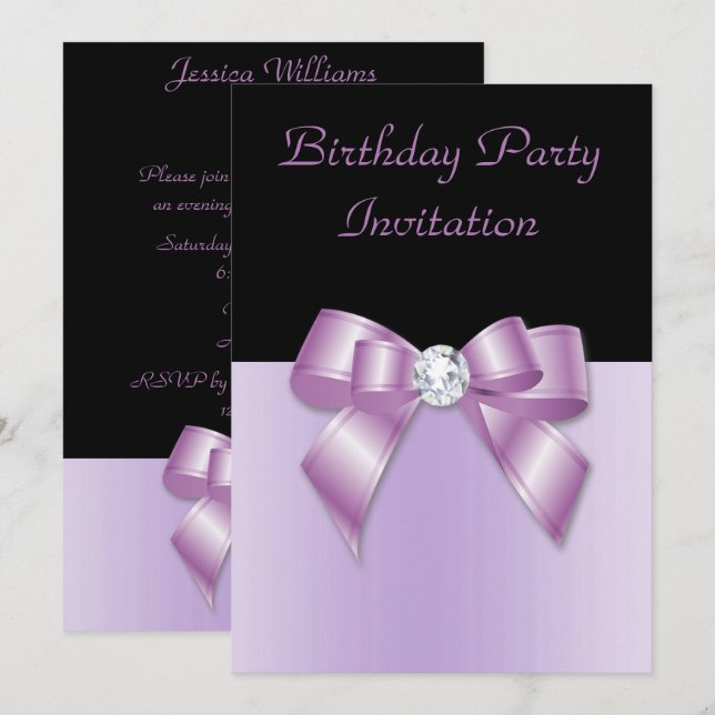 Elegant Black & Lilac Diamond Bow Geburtstag Einladung (Vorne/Hinten)