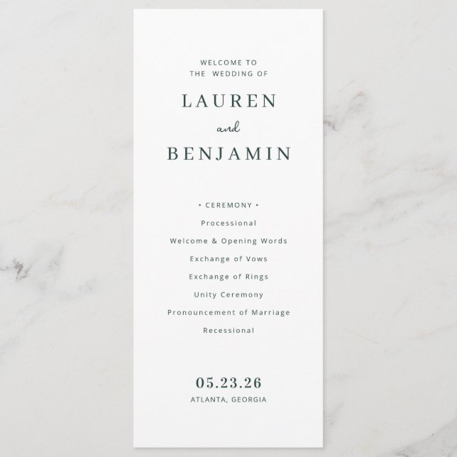 Elegant Black Minimalist Wedding Ceremony Programm (Vorderseite)