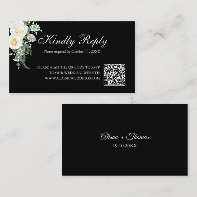 Elegant Black Minimalistisch Floral Wedding RSVP Q Begleitkarte (Vorne/Hinten)