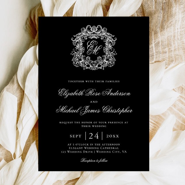 Elegant Black Monogram Wedding Crest Einladung (Von Creator hochgeladen)
