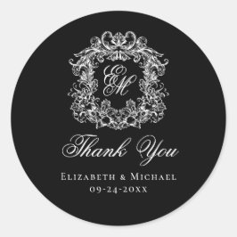 Elegant Black Monogram Wedding Crest Thank You Runder Aufkleber