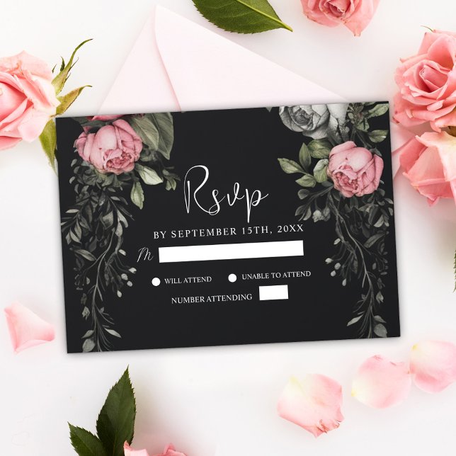 Elegant Black Moody Dark Gothic Wedding RSVP Karte (Elegant Black Moody Floral Dark Gothic Wedding RSVP Card)