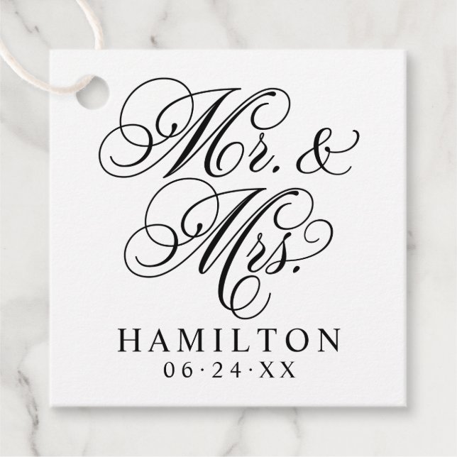 Elegant Black Mr. und Mrs. Script Custom Monogram Geschenkanhänger (Vorderseite)