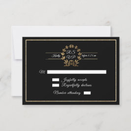 Elegant Black n Gold Wreath Script Calligraphy RSVP Karte