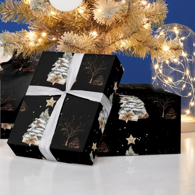 Elegant Black New Year Frosted Tree pine Geschenkpapier (Feiertage)