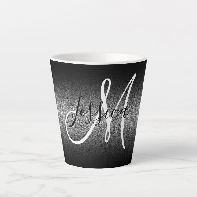 Elegant Black Ombre Silver Glitzer Monogram Milchtasse (Vorderseite)