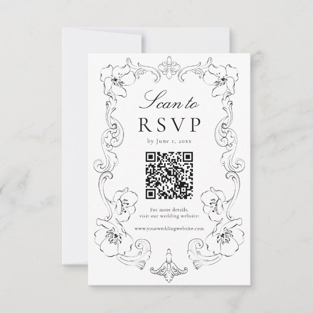 Elegant Black Ornate Floral QR Code Wedding RSVP Karte (Vorderseite)