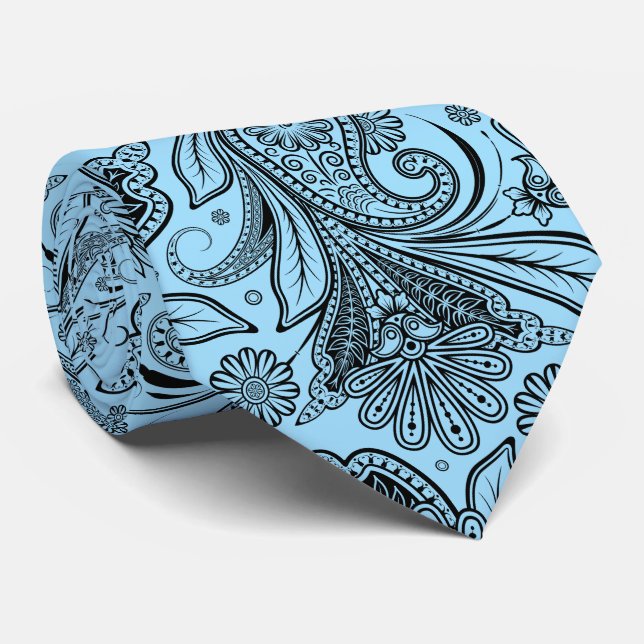 Elegant Black Paisley auf blauem Hintergrund Krawatte (Gerollt)