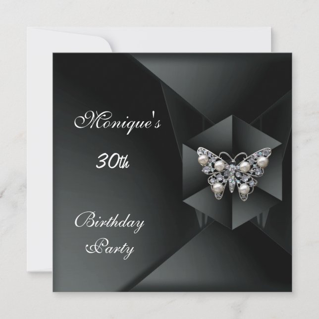 Elegant Black Pearl Butterfly Jewel 30. Geburtstag Einladung (Vorderseite)