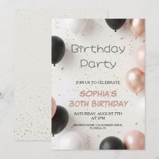 Elegant Black Pink Balloon Party Einladung