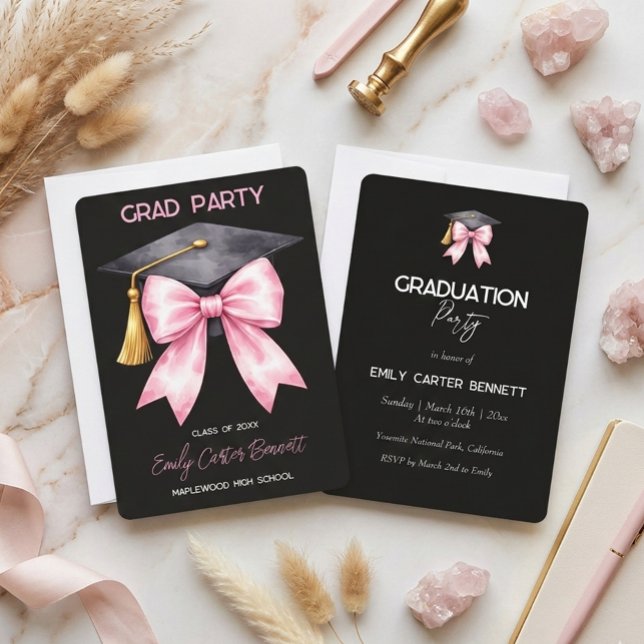 Elegant Black Pink Coquette Bow Graduation Einladung (Von Creator hochgeladen)