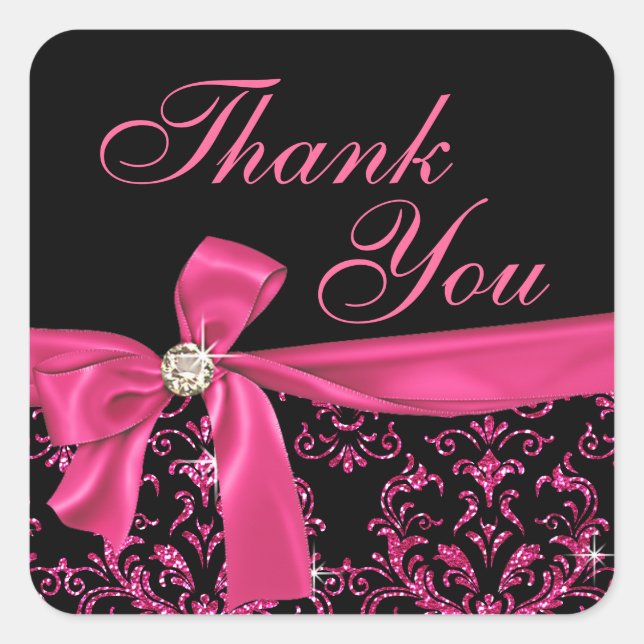 Elegant Black Pink Damask Diamond Bow Vielen Dank Quadratischer Aufkleber (Vorderseite)