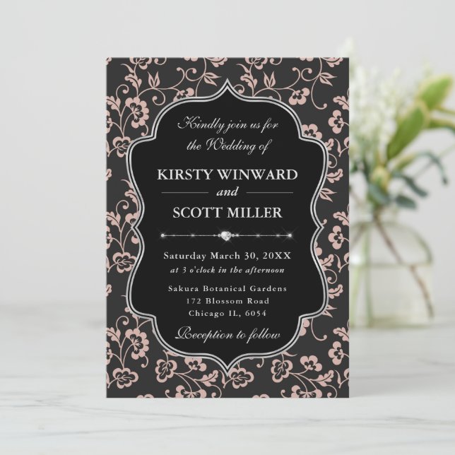 Elegant Black Pink Frame Floral Wedding Einladung (Stehend Vorderseite)