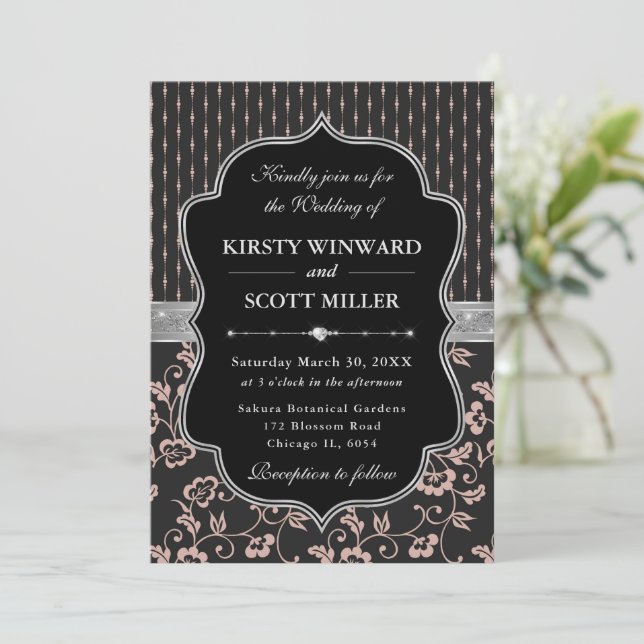 Elegant Black Pink Frame Floral Wedding Einladung (Stehend Vorderseite)
