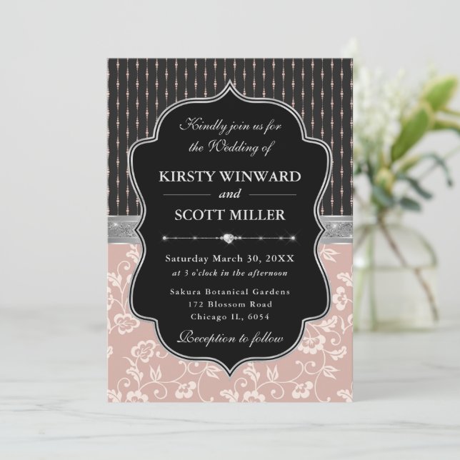 Elegant Black Pink Frame Floral Wedding Einladung (Stehend Vorderseite)