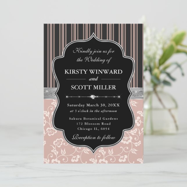 Elegant Black Pink Frame Floral Wedding Einladung (Stehend Vorderseite)
