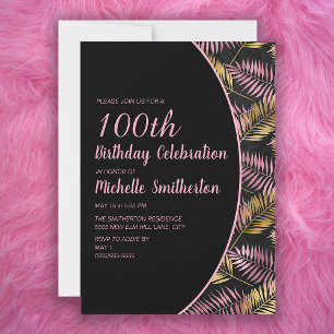 Elegant Black Pink Gold 100. Geburtstag Einladung