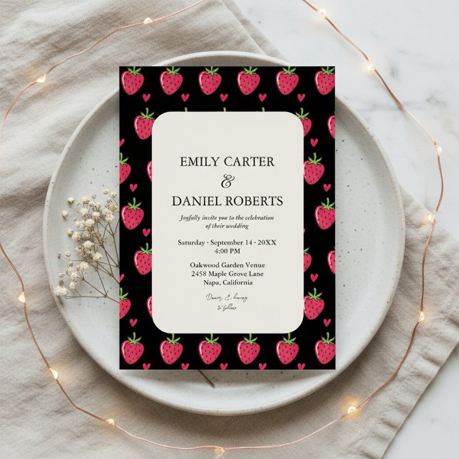 Elegant Black & Pink Strawberry Wedding Invitation Einladung (Von Creator hochgeladen)
