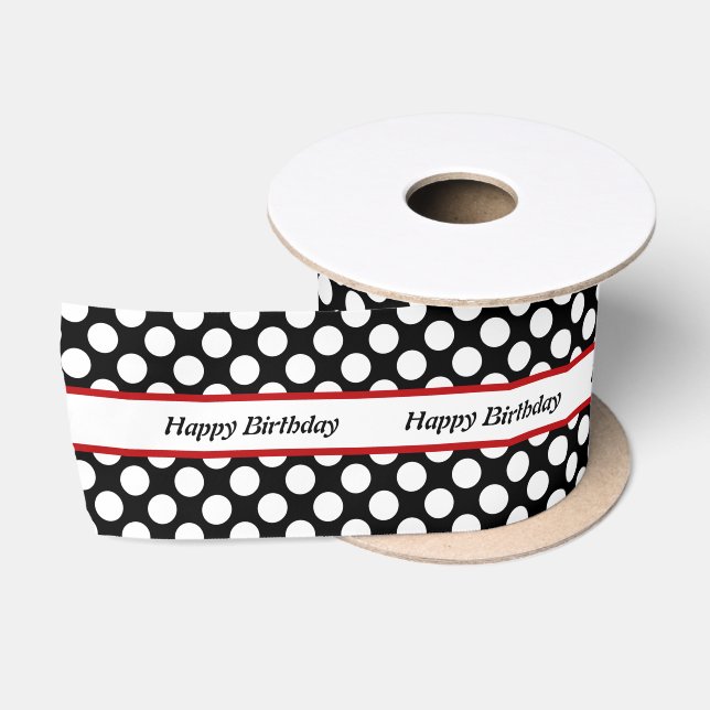 Elegant Black Polka Dot Happy Birthday Satinband (Spule)