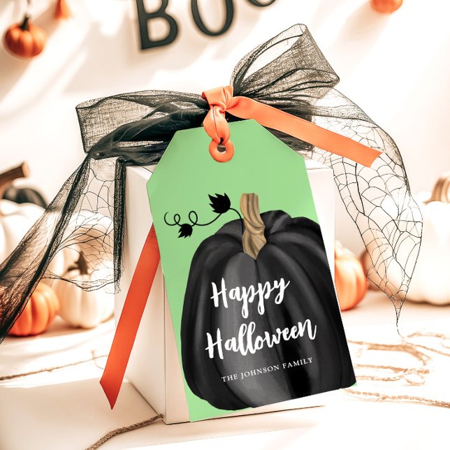 Elegant Black Pumpkin Halloween Geschenkanhänger (Cute Green Script Pumpkin Happy Halloween Gift Tags)