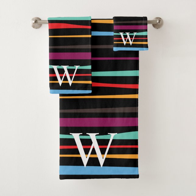 Elegant black purple and yellow stripes monogram badhandtuch set (Insitu)