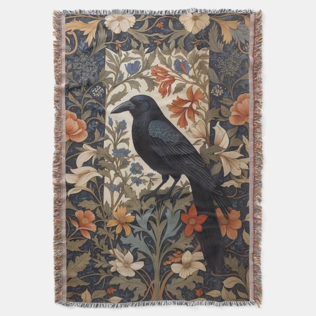 Elegant Black Raven William Morris Inspiriert Decke (Vorderseite Vertikal)