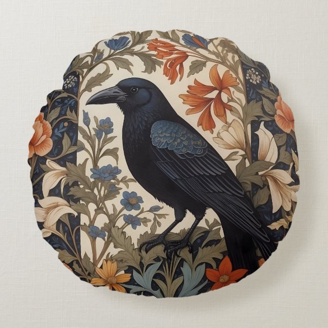 Elegant Black Raven William Morris Inspiriert Rundes Kissen (Vorderseite)