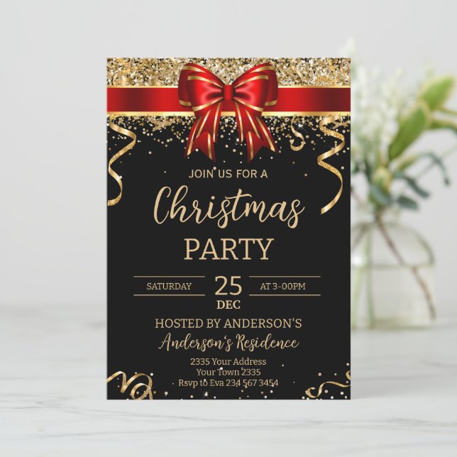 Elegant Black Red Bow Christmas Holiday Party Einladung (Stehend Vorderseite)