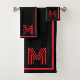 Elegant Black &Red Personalized Monogram  Badhandtuch Set