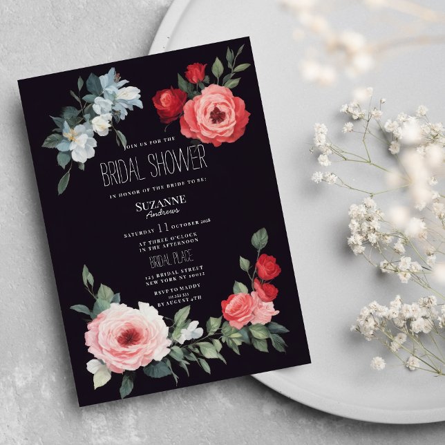 Elegant black red pink blue roses Bridal Shower Einladung (Elegant black red pink blue roses Bridal Shower)