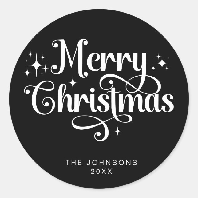 Elegant Black Retro Frohe Weihnachtsschrift Custom Runder Aufkleber (Vorderseite)