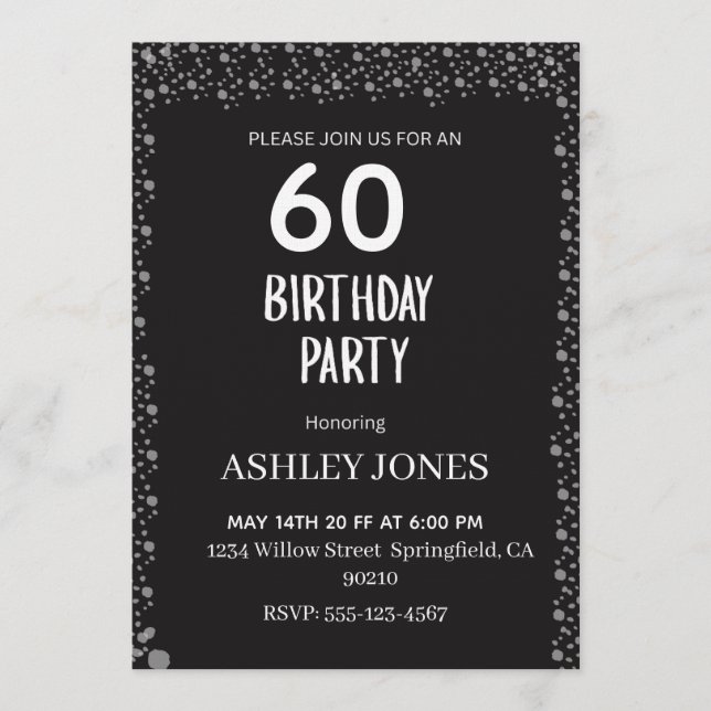 Elegant Black Script Silver Birthday Invitation Einladung (Vorderseite)