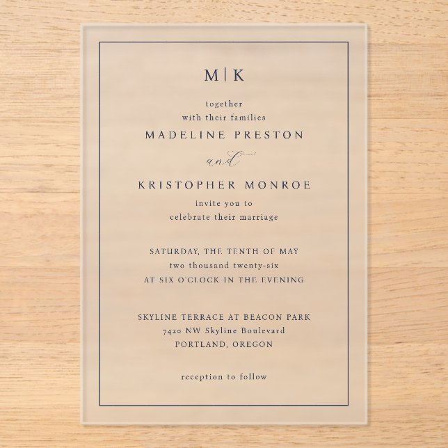 Elegant Black Serif Wedding Invitation Acryleinladungen (Vorderseite)