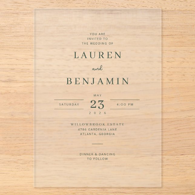 Elegant Black Serif Wedding Invitation Acryleinladungen (Vorderseite)