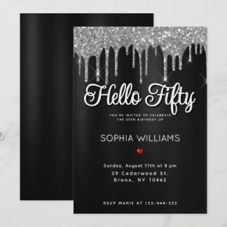 Elegant Black & Silver Hallo Fünfzig Geburtstag Einladung