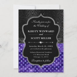 Elegant Black Silver Purple Dots Glitter Wedding Einladung