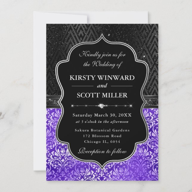Elegant Black Silver Purple Floral Glitter Wedding Einladung (Vorderseite)