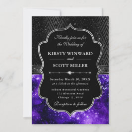 Elegant Black Silver Purple Galaxy Glitter Wedding Einladung