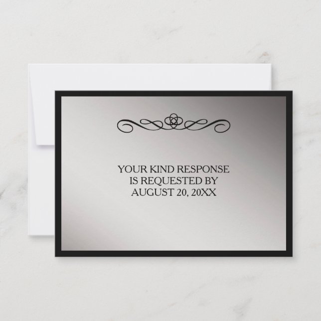 Elegant Black Silver Swirl Wedding RSVP Karte (Vorderseite)
